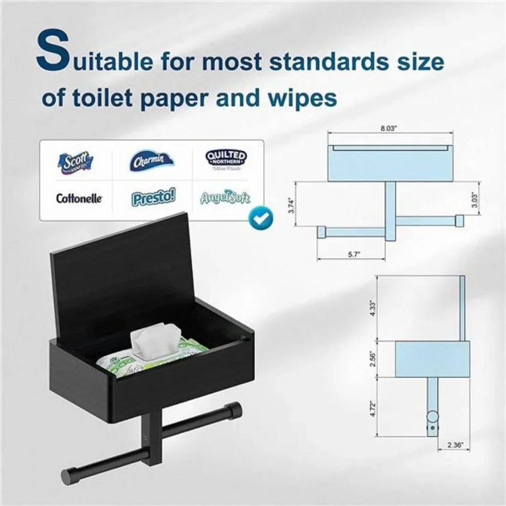 Toilet Paper Holder w/ Shelf and Storage, Wipes Dispenser Wall Mount Matte Black